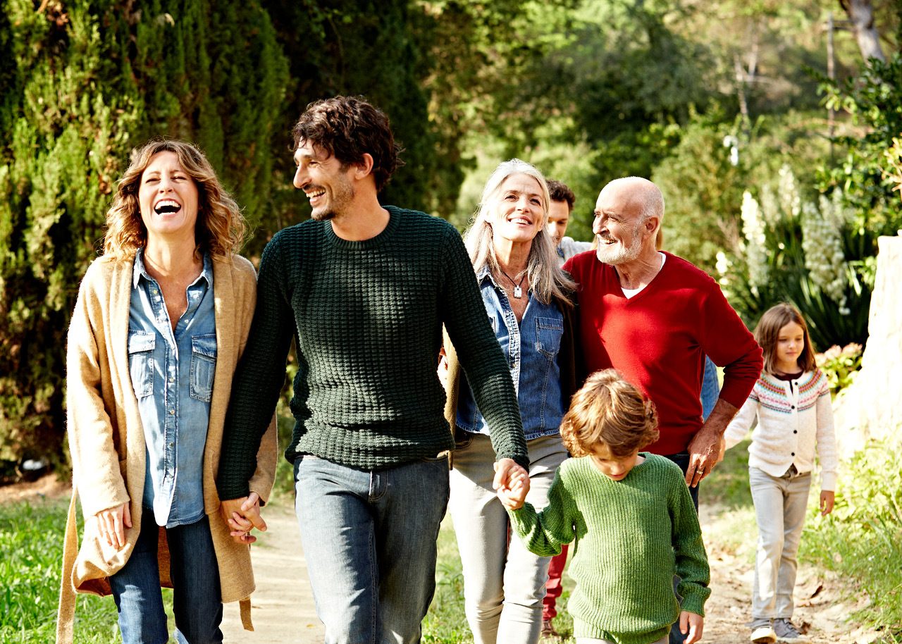 Image of multigenerational family walking outside together